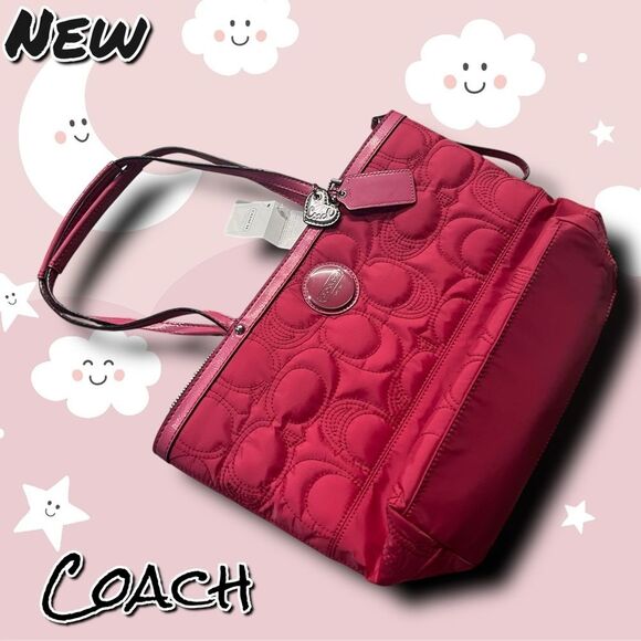New NWT Coach Signature Stitched Nylon Tote – F17668 (Pomegranate) - Picture 1 of 10